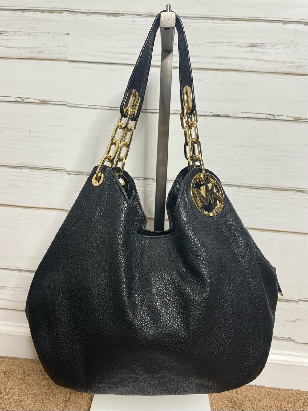 Michael Kors Black Pebbled Leather Large Chain Shoulder Bag
